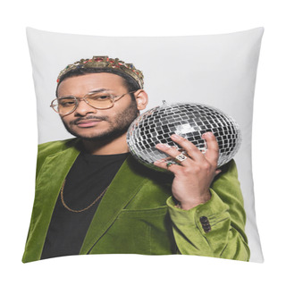 Personality  Indian Hip Hop Performer In Green Velvet Blazer And Crown Holding Disco Ball Isolated On Grey Pillow Covers