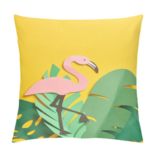 Personality  Top View Of Paper Cut Green Palm Leaves And Cute Flamingo On Yellow Background  Pillow Covers