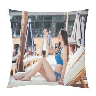 Personality  Cheerful Young Woman Looking Away And Waving Hand While Relaxing On Chaise Lounge Pillow Covers