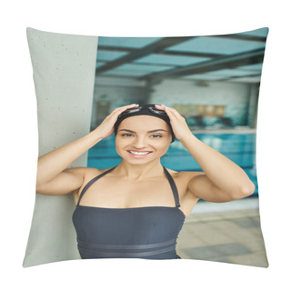 Personality  A Young Woman In A Swimsuit And Swim Cap Standing Gracefully Next To An Indoor Swimming Pool. Pillow Covers