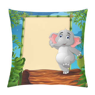 Personality  Cartoon Elephant Standing On Hollow Log Near The Empty Framed Signboard Pillow Covers