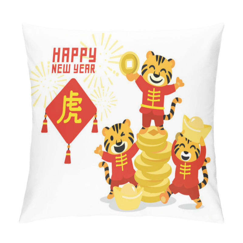 Personality  Greeting card vector 2022 fun tiger with gold money. Happy Chinese new year. Translate hieroglyph Tiger. pillow covers