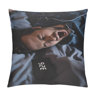 Personality  Top View Of Sleepless Man Yawning Near Alarm Clock On Bed At Night  Pillow Covers