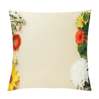 Personality  Flat Lay With Various Beautiful Flowers Arrangement On Beige Background Pillow Covers