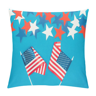 Personality  Top View Of Arranged Stars And American Flags Isolated On Blue, Presidents Day Celebration Concept Pillow Covers