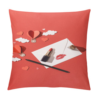 Personality  Top View Of Paper Clouds And Heart Shaped Air Balloons, Envelope With Lip Print, Lipstick And Pencil On Red Background Pillow Covers