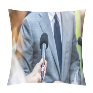 Personality  Media Interview - Journalists With Microphones Interviewing Formal Dressed Politician Or Businessman. Pillow Covers