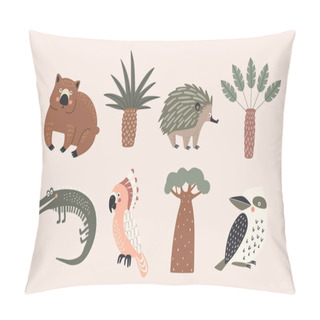 Personality  Set Of Vector Isolated Illustrations Of Australian Trees And Animals Pillow Covers