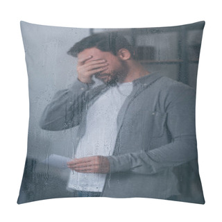 Personality  Depressed Man Covering Face With Hand, Holding Photograph And Crying Through Window With Raindrops Pillow Covers