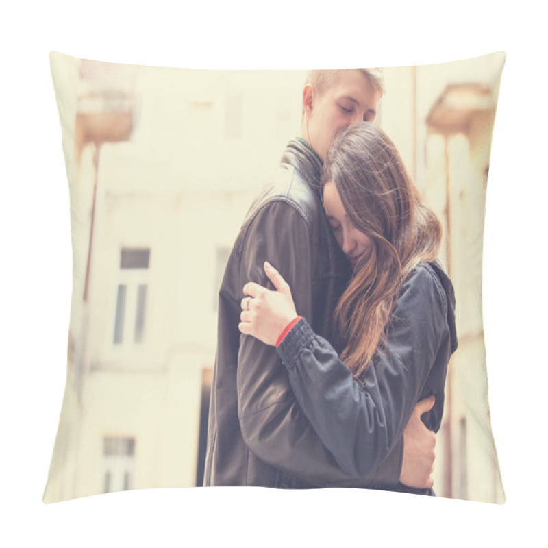 Personality  Young teen couple at outdoor. pillow covers