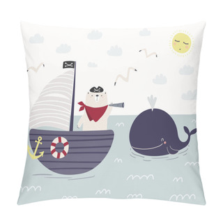 Personality  Cute Bear Pirate On A Ship, Sailboat, Whale, Gulls Pillow Covers