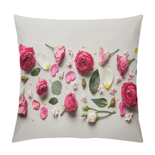 Personality  Top View Of Pink Roses, Leaves, Buds And Petals Isolated On Grey Pillow Covers