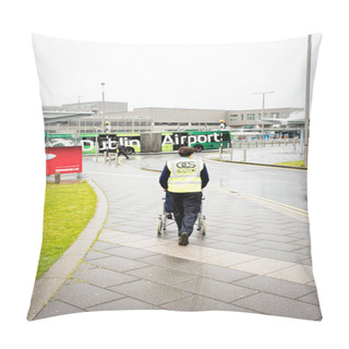 Personality  Dublin Airport Member Staff Pushing Wheelchair For Disabled Passenger To Airport Building On Summer Rainy Day, Dublin Airport, 14 August 2017 Pillow Covers