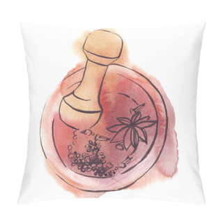 Personality  Mortar With Pestle Spices Watercolor Illustration Pillow Covers