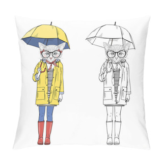 Personality  Cat Girl  In Yellow Raincoat, Pillow Covers