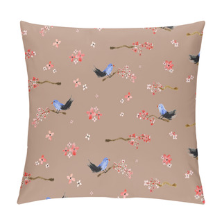 Personality  Hand Painting Abstract Watercolor Japanese Flowers Cherry Blossom Branches And Birds Repeating Pattern Isolated Background Pillow Covers