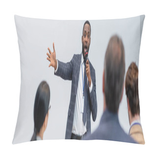 Personality  African American Speaker With Microphone Talking Near Blurred Business People, Banner  Pillow Covers