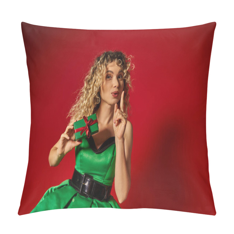 Personality  Attractive New Year Elf In Green Dress Showing Silence Gesture Mysteriously With Gift In Hands Pillow Covers