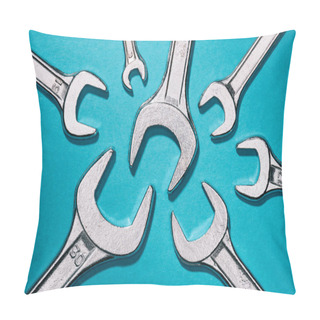 Personality  Top View Of Different Sized Wrenches Isolated On Blue Pillow Covers