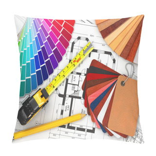 Personality  Interior Design. Architectural Materials Tools And Blueprints Pillow Covers