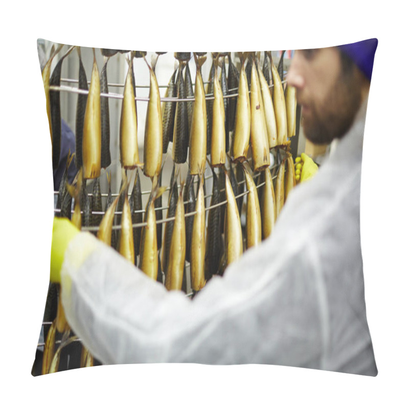 Personality  Young Man Taking Smoked Mackerels Off Iron Wires In Fish Processing Factory Pillow Covers