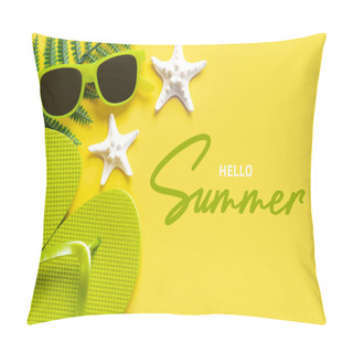 Personality  Hello Summer. Flat Lay Composition With Sunglasses, Starfish, Seashells And Beach Flip Flops With Text Hello Summer Over Yellow Background Pillow Covers