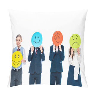 Personality  Kid Holding Card With Happy Face While Schoolchildren Covering Faces With Cards With Various Face Expressions Isolated On White Pillow Covers