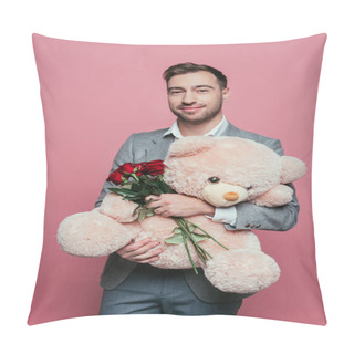 Personality  Handsome Cheerful Man Holding Teddy Bear And Red Roses, Isolated On Pink Pillow Covers