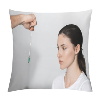 Personality  Cropped View Of Hypnotist Standing Near Woman And Holding Green Stone Near Her Face Pillow Covers