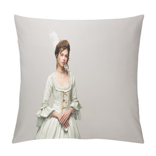 Personality  Pretty Woman In Elegant Vintage Dress Looking At Camera Isolated On Grey Pillow Covers