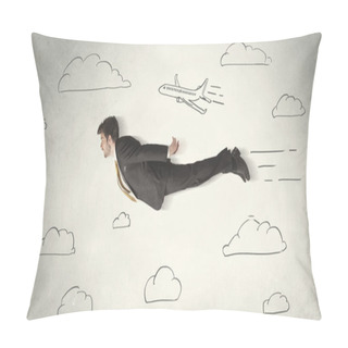Personality  Cheerful Business Person Flying Between Hand Drawn Sky Clouds Pillow Covers