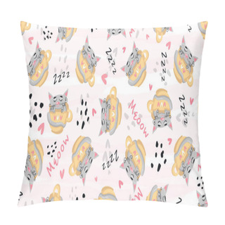 Personality  Cute Cat Sleeping Seamless Pattern Print. Vector Nursery Cartoon Sleep Gray Animals, Cute Baby Pattern Background. Pillow Covers