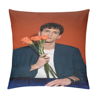 Personality  Trendy Ma In Blazer Holding Orange Roses On Red Background Pillow Covers