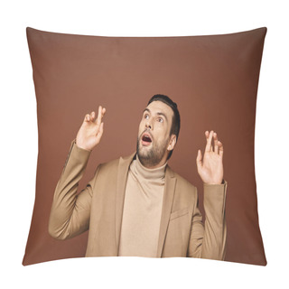 Personality  Astonished Man In Elegant Attire With His Fingers Crossed Looking Up On Beige Background Pillow Covers
