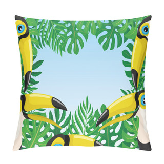 Personality  Frame Of Toucan Birds And Tropical Leaves On A Blue Background. Pillow Covers