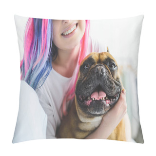 Personality  Cropped View Of Happy Girl With Colorful Hair Hugging Cute Bulldog Pillow Covers