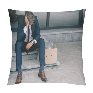 Personality  Dismissed Businessman Sitting On Stairs Near Carton Box  Pillow Covers