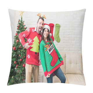 Personality  Playful Partners Showing Their Ugly Sweaters While Enjoying Christmas Holiday At Home Pillow Covers