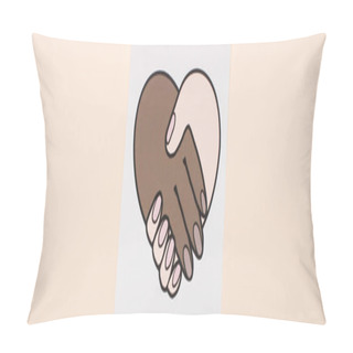 Personality  Top View Of Picture With Multiethnic Handshake Isolated On Beige, Panoramic Shot Pillow Covers