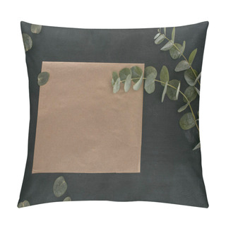 Personality  Top View Of Blank Paper Envelope With Eucalyptus Branches Over Black Background Pillow Covers