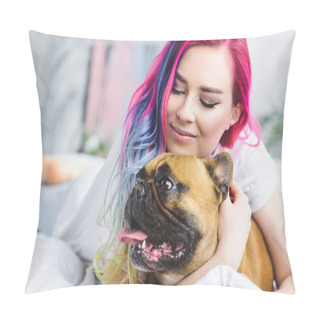Personality  Beautiful Girl Laying In Bed And Hugging Cute French Bulldog  Pillow Covers