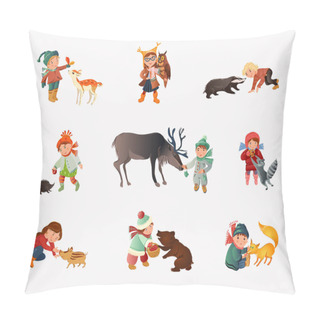 Personality  Set Of Different Cute Children In Autumn Clothes With Animals Pillow Covers