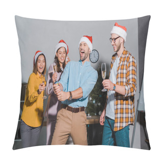 Personality  Happy Businessman In Santa Hat Holding Party Cracker Near Multicultural Coworkers With Champagne Glasses  Pillow Covers