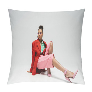 Personality  Full Length Of Alluring African American Woman In Bold Attire And Sunglasses Posing On Grey Backdrop Pillow Covers