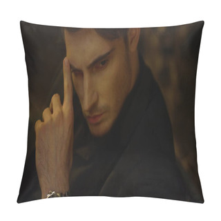 Personality  Focused Man Looking Distance In Dark Background. Rich Guy Touching Face Indoors. Pillow Covers