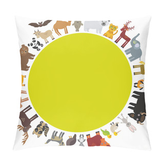 Personality  Round Frame. Animal Card Template. Bison Bat Fox Wolf Elk Horse Camel Partridge Fur Seal Walrus Goats Polar Bear Eagle Bull Raccoon Panda Leopard Brown Bear Deer Gannet Elephant. Vector Pillow Covers