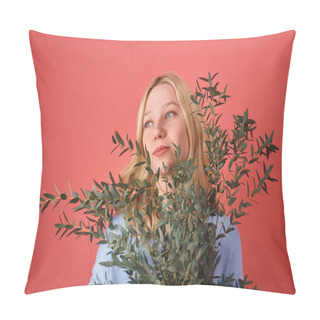 Personality  Young Woman With Bunch Of Eucalyptus Branches Isolated On Red Pillow Covers