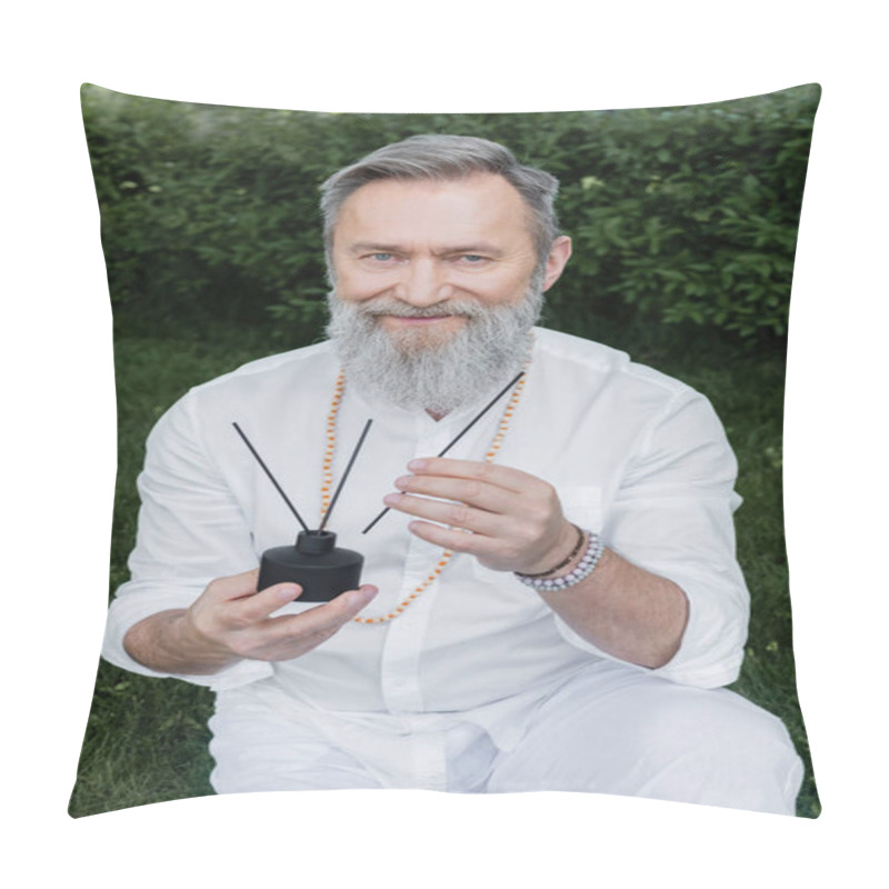 Personality  Bearded Master Guru With Aroma Sticks And Diffuser Smiling At Camera Outdoors  Pillow Covers