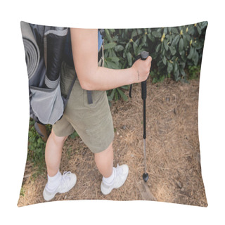 Personality  High Angle View Of Young Tattooed Female Hiker With Backpack Holding Trekking Pole While Walking On Path In Summer Forest, Reconnecting With Yourself In Nature Concept, Translation Of Tattoo: Love Pillow Covers