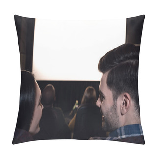 Personality  Rear View Of Friends Sitting In Cinema With White Blank Screen  Pillow Covers